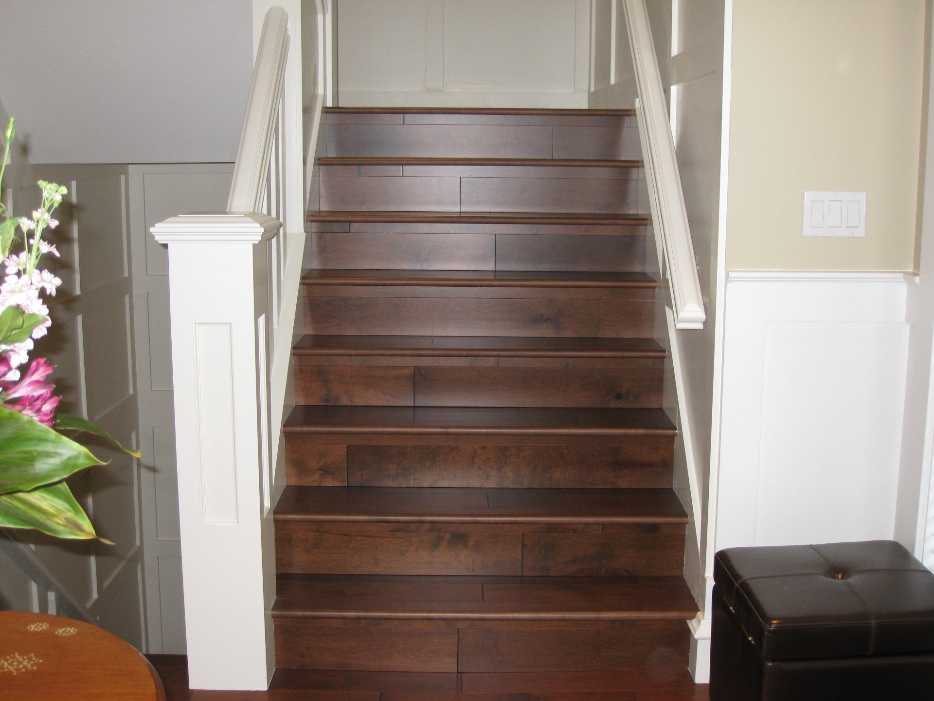 North Vancouver House — maple hardwood stair installation with white millwork