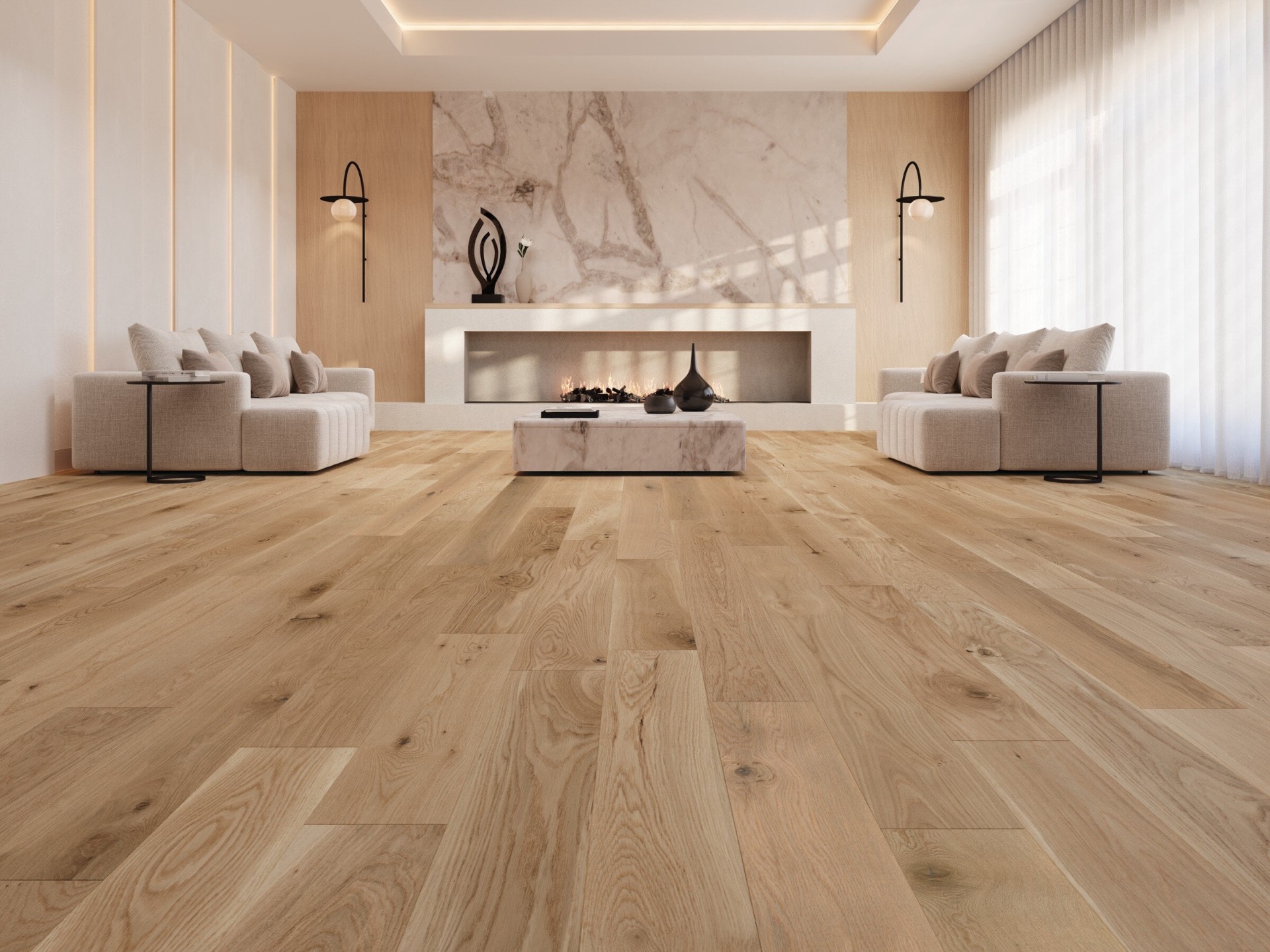 Mirage hardwood in luxe lounge with fireplace